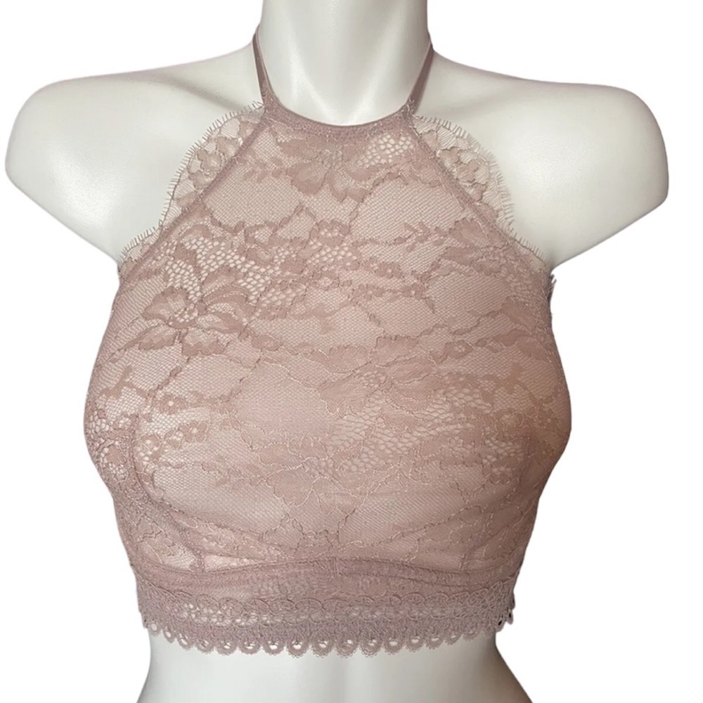 Victoria Secret Very Sexy Unlined Chantilly Lace Taupe Halter
Bralette-Sz 36C
